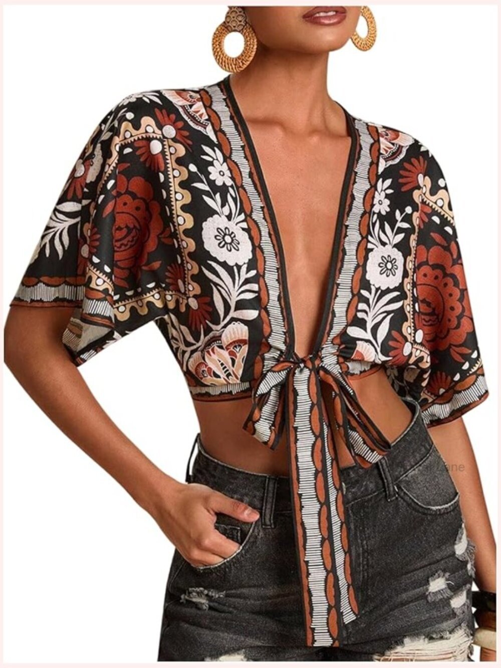 Floral V Neck Tie Front Crop Boho Blouse 3/4 Dolman Sleeve